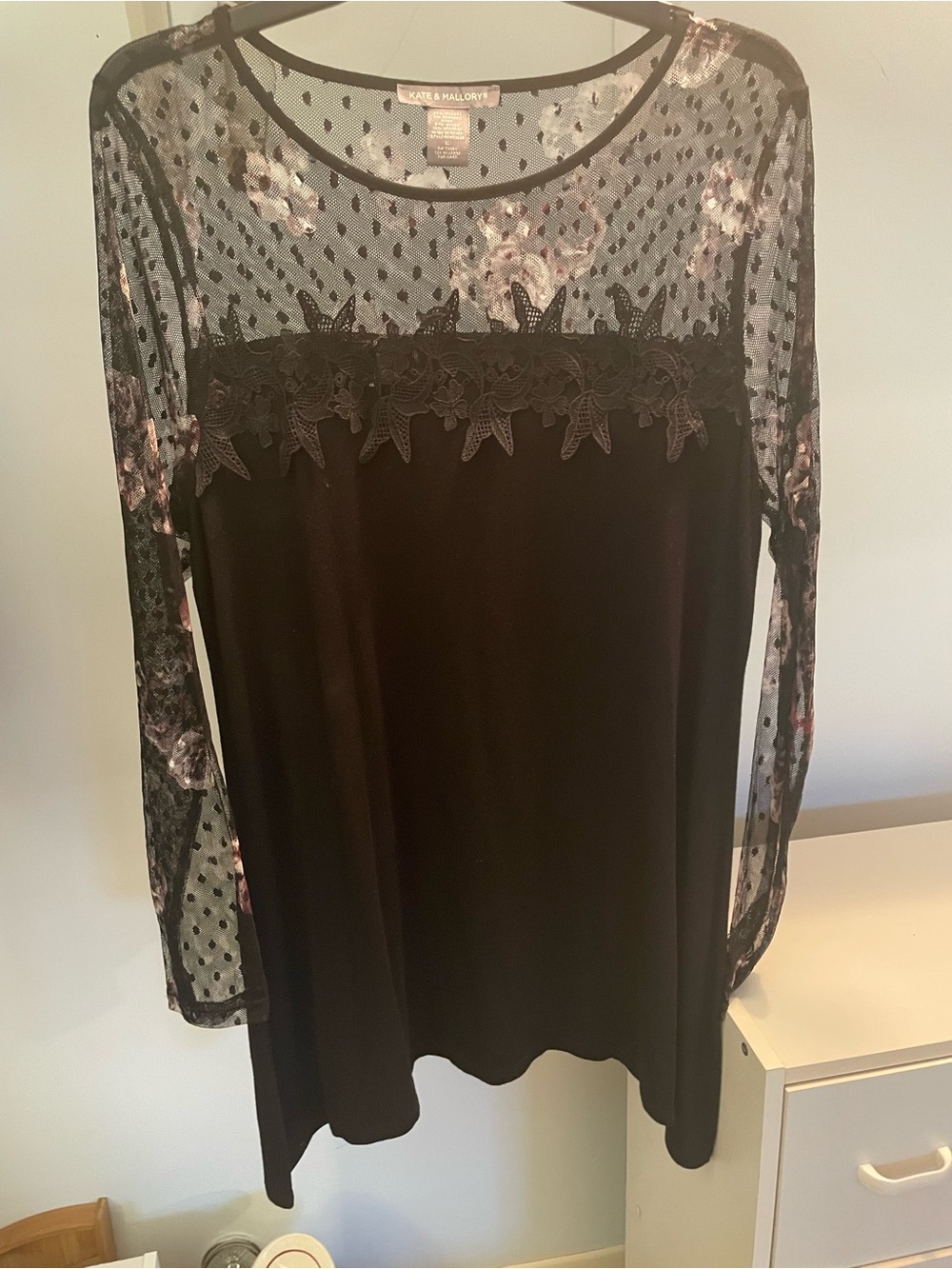 Kate & Mallory Black long-sleeve tunic sheer mesh yoke floral